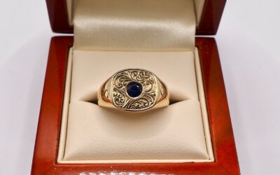 Hand Engraved Sapphire Signet Ring